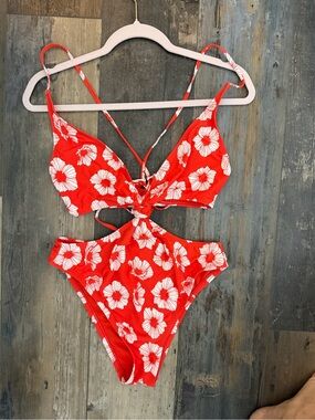 Lulu's Red Floral Cutout Tie-Front One-Piece Swimsuit with White Blooms